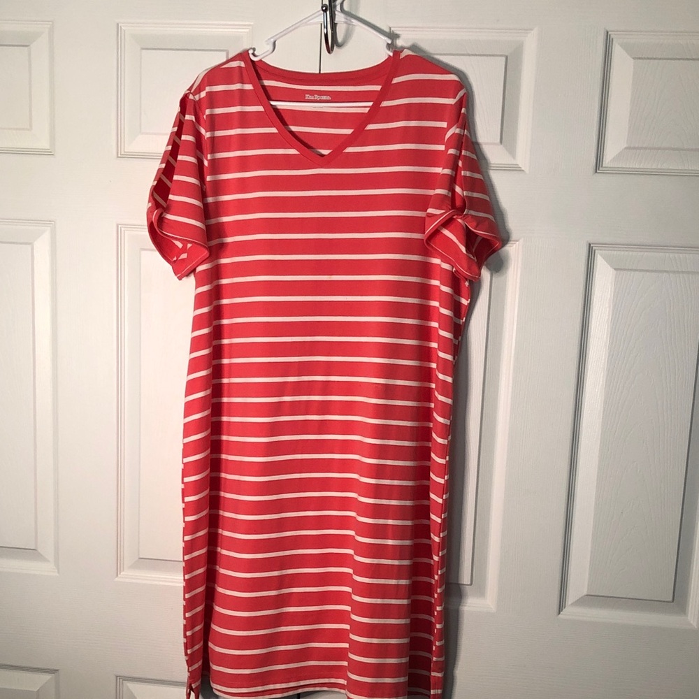 Horizontal Striped Pink & White Coral V-Neck Casual Tunic Dress (NWOT)